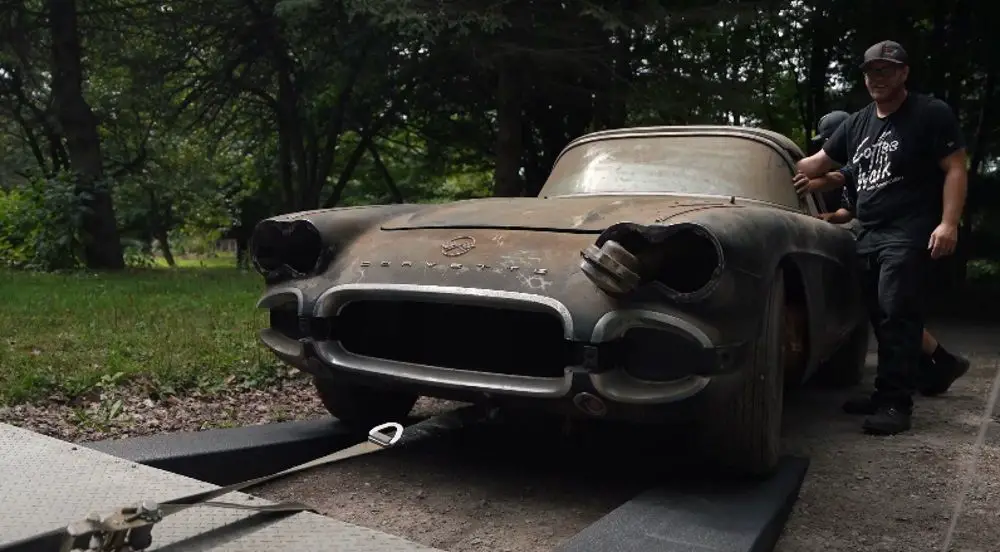 Loading the 1962 Chevrolet Corvette onto a trailer