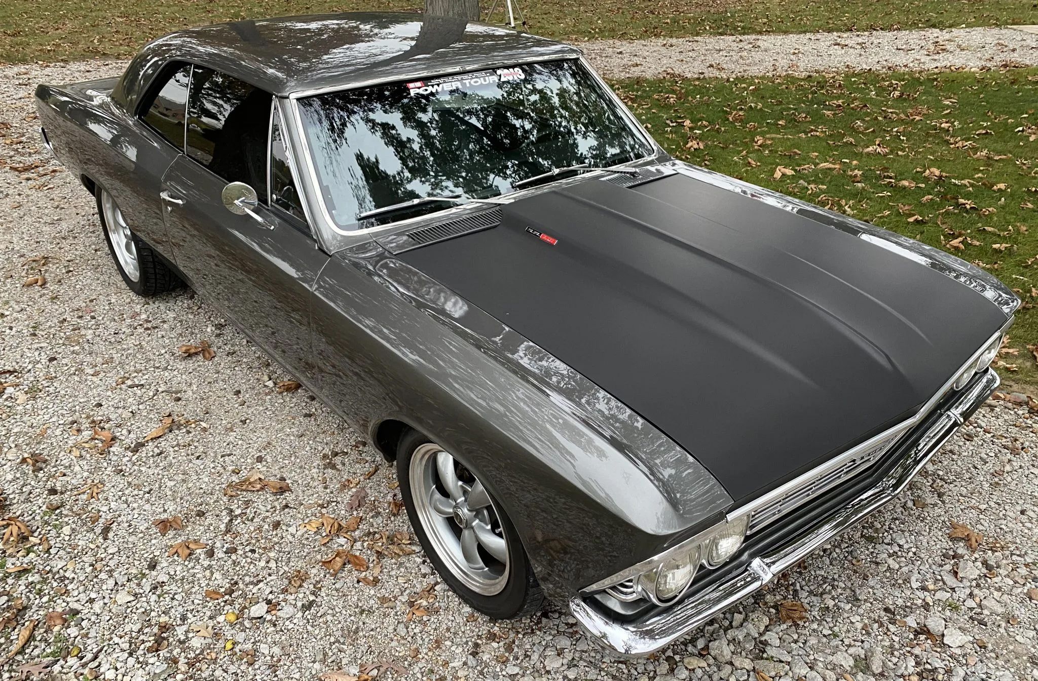 Parked gray 66 Chevelle Malibu Restomod