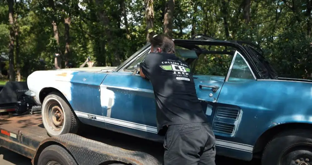 1967 Ford Mustang convertible on trailer