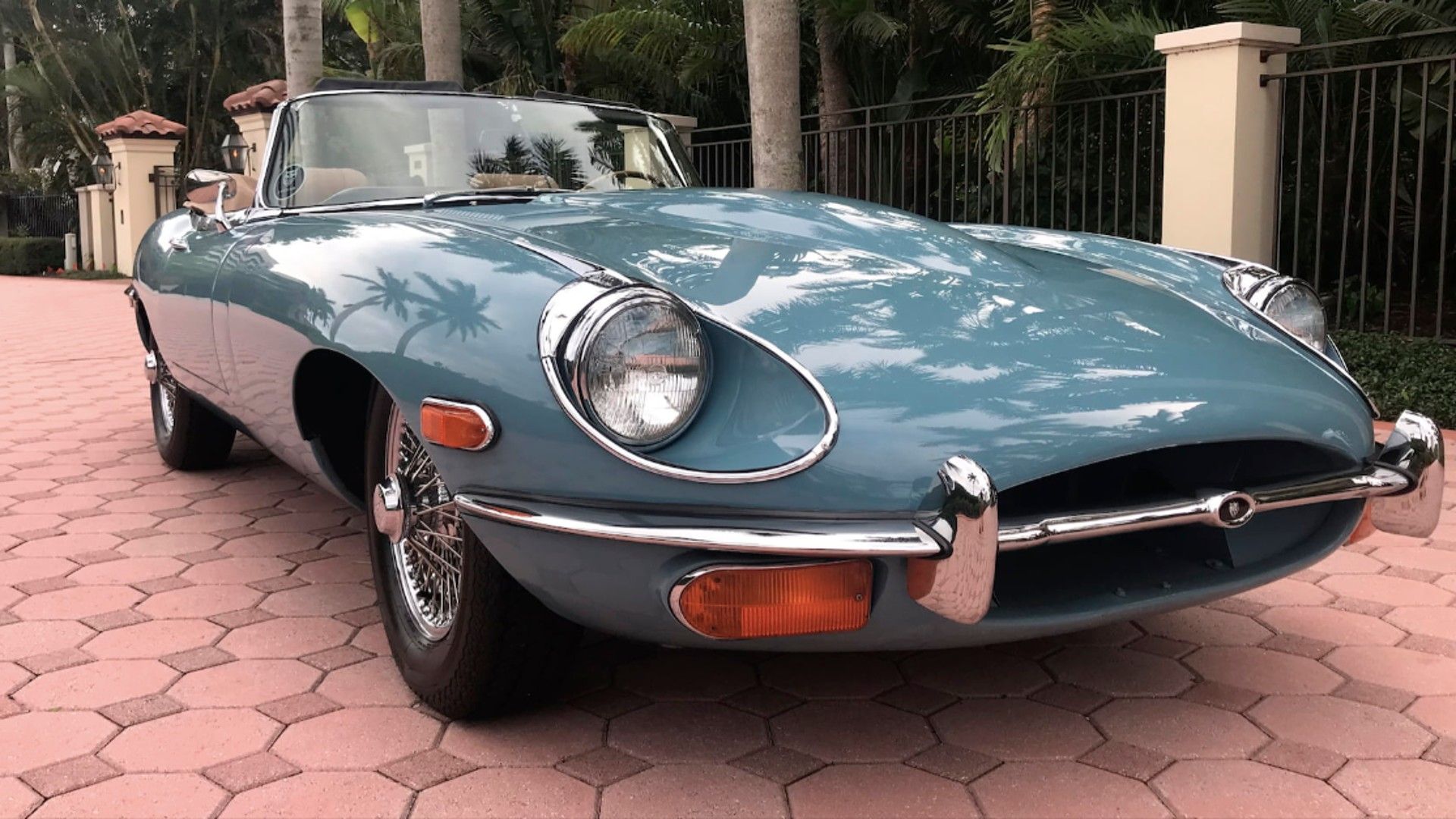 Blue 1974 Jaguar E-Type Roadster. 